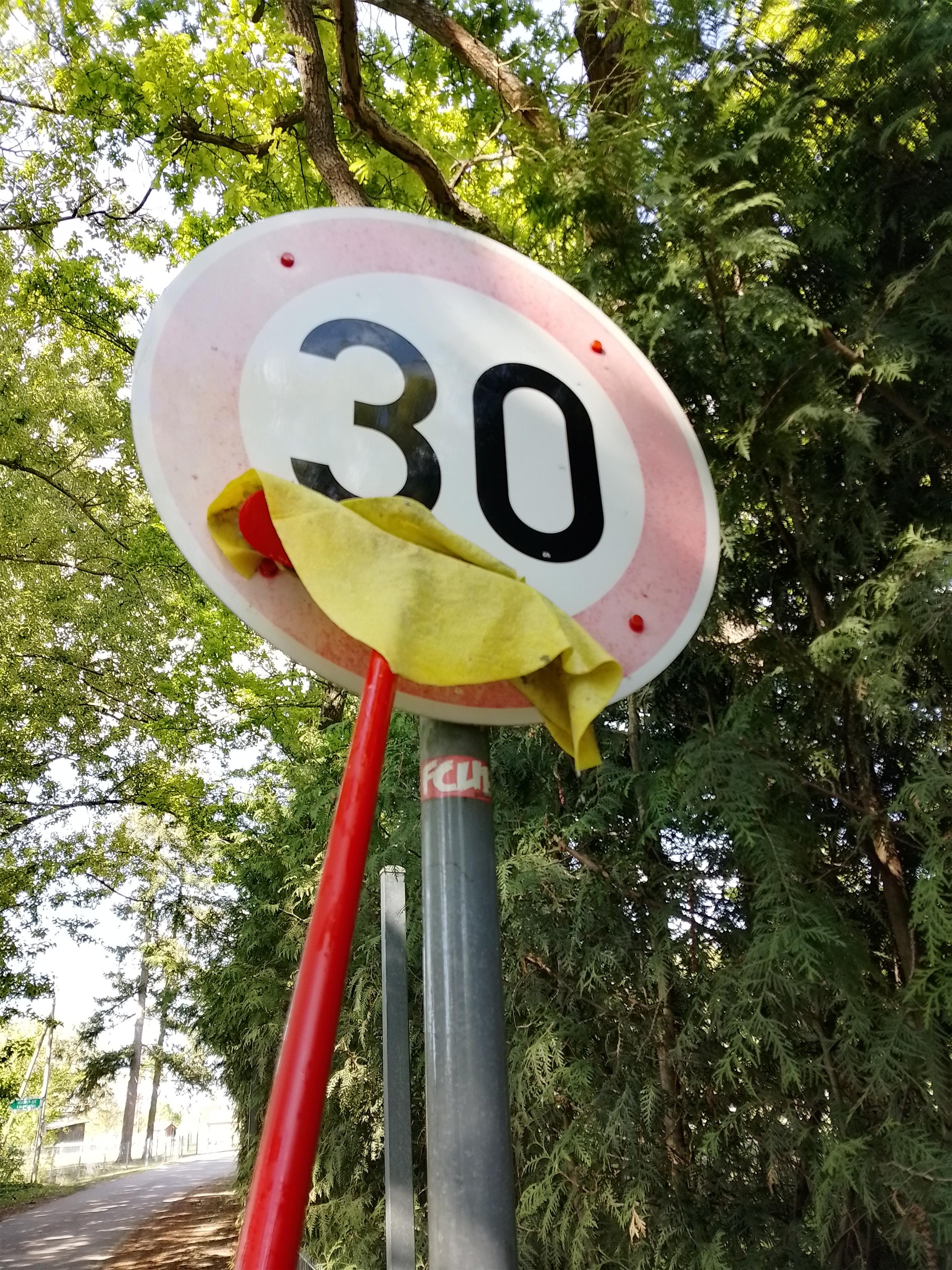 Eine schmale Straße. Im Vordergrund ein rundes Verkehrsschild, das auf eine zulässige Höchstgeschwindigkeit von 30 km/h hinweist. Unterhalb der Zahl 30 ist ein roter Schrubber mit einem gelben Scheuerlappen darum. Das Schild sieht schon sehr sauber aus, allerdings ist der rote Rahmen schon sehr verblasst. Eine schmale Straße. Im Vordergrund ein rundes Verkehrsschild, das auf eine zulässige Höchstgeschwindigkeit von 30 km/h hinweist. Unterhalb der Zahl 30 ist ein roter Schrubber mit einem gelben Scheuerlappen darum. Das Schild sieht schon sehr sauber aus, allerdings ist der rote Rahmen schon sehr verblasst.