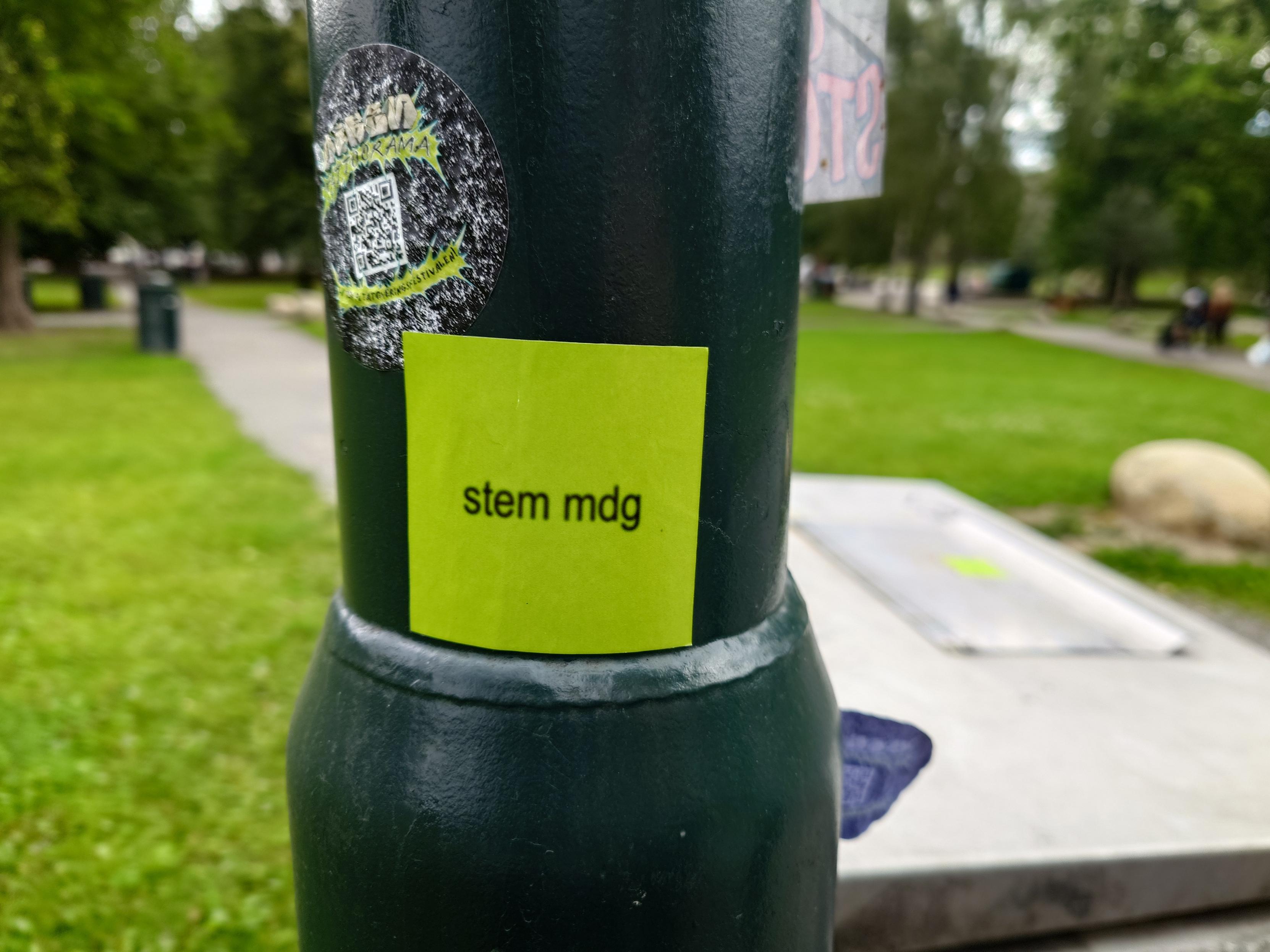 A photo of a sticker on a lamppost in the park which tells you to vote Green. The sticker is in the style of the album artwork for the album brat.