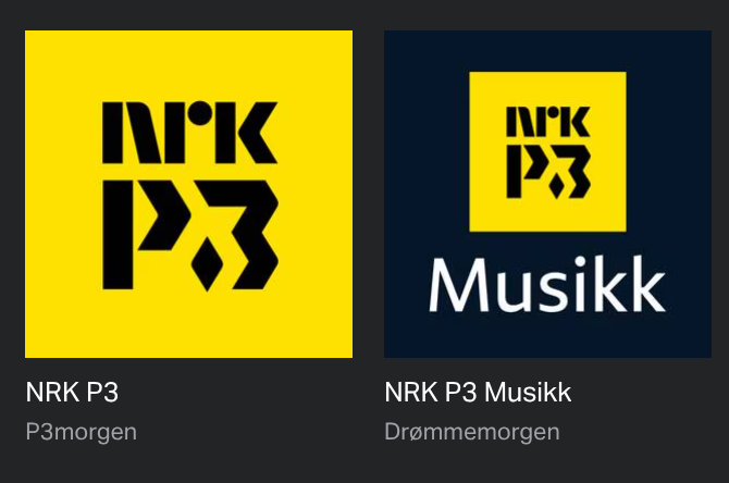A screenshot of the new NRK P3 Musikk brand which is the NRK logo above a stylised P3, all of which on a yellow background - then they just shrunk that square and wrote the word "Musikk" below. Poor effort at branding.