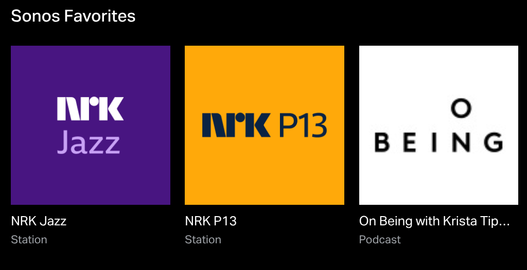 A screenshot showing my "Sonos Favorites" which includes NRK P13 - an orange background with the NRK logo and the letters P13 in a very sensible legible font.