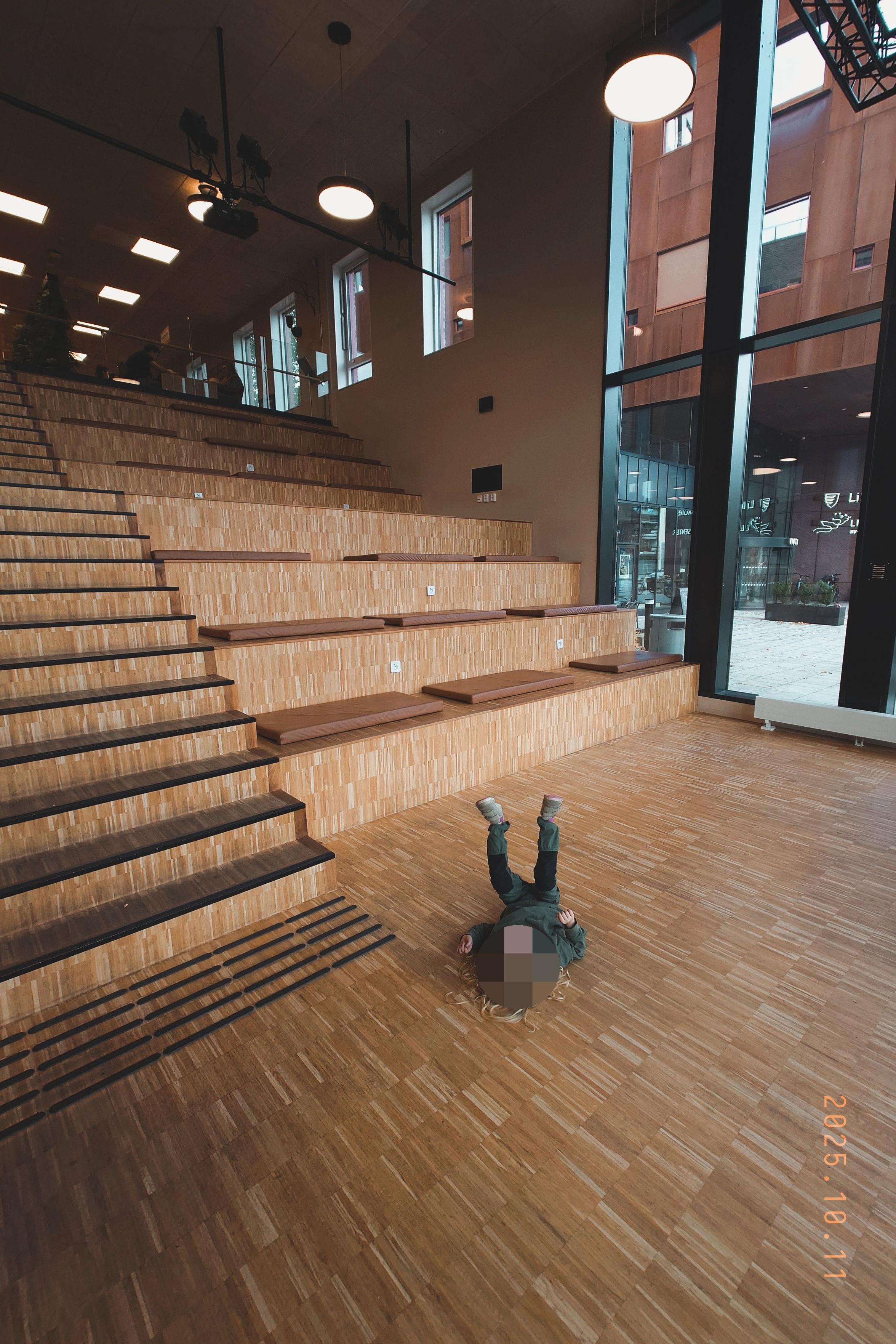A photo on the inside of the library showing a seating area and staircase. There is a child lay on its back like a fallen beetle.