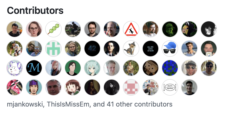 Grid of circular contributor avatars showing a mix of photos, illustrations, and icons. The title reads "Contributors" and the text below the face pile reads "mjankowski, ThisIsMissEm, and 41 other contributors" – its a screenshot from GitHub.