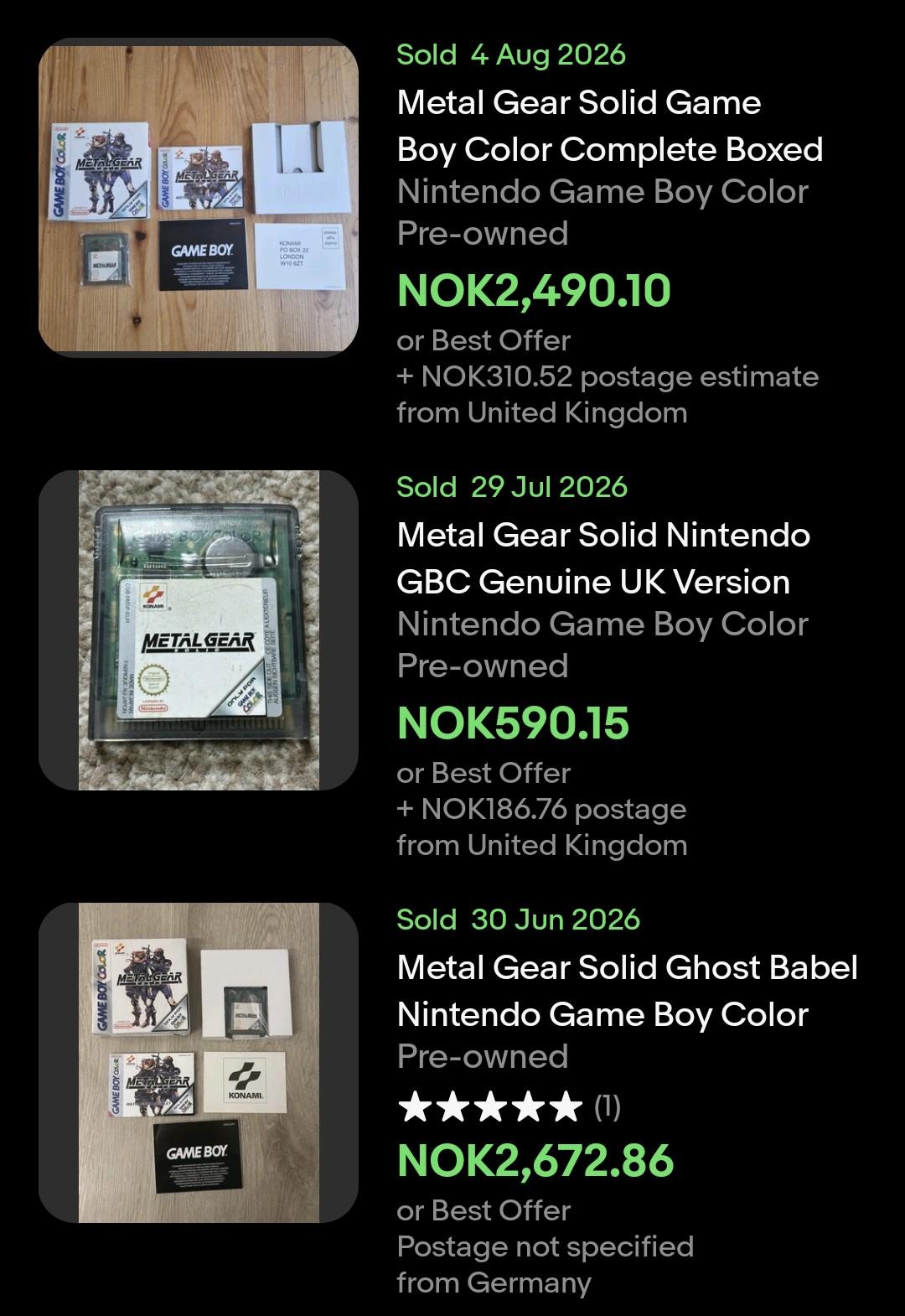 A set of eBay listings showing boxed versions of the metal gear game selling for 2600 kroner. 