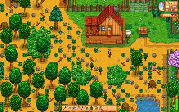 A screenshot of Stardew Valley, the farming game. And this is one of the opening scenes; a person stood outside a little wooden house in the middle of over-grown land.
