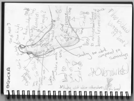 Pencil sketch in a sketchbook of a foot with personal commentary written on the page