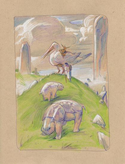 colored pencil drawing of a field in which fantasy sheep are grazing while someone is about to take flight on a giant bird