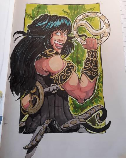 Illustration of Xena from the 90s TV Show. She smiles and has her roundvweapon in one hand, ready to throw it. Ink with color