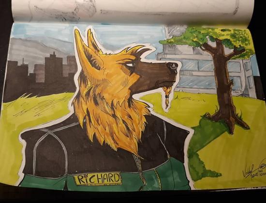 Illustration of a anthromorphic chara. Head is like a malinois. He wear an uniform and looks to the right.