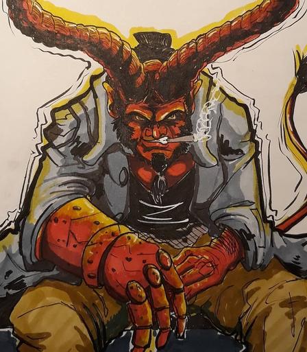 Illustration of Hellboy sitting, looking at you, smoking. Ink colored with markers