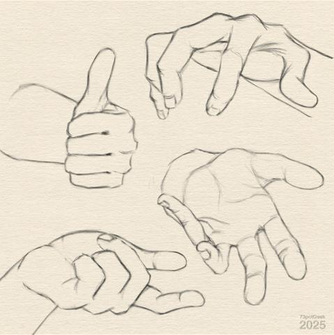 Digital graphite sketches of four different hands in various poses.