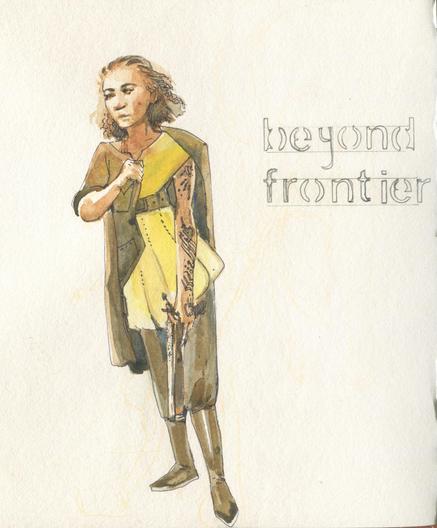 a watercolor painting of a woman with a flintlock gun and inked arm putting on a brown coat over a yellow robe.