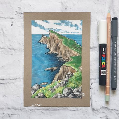 A small drawing of Neist Point on the Isle of Skye, Scotland. The drawing shows the craggy cliffs and the sea and a hint of the lighthouse at the end of the peninsula.
Neist Point is a small peninsula on the Scottish island of Skye and marks the westernmost point of the island with its lighthouse. It is regarded as the best place on Skye to see whales, dolphins, porpoises and basking shark.
An original art work
Colour pencil and mixed media on acid free toned artist paper
5 by 7 inches (12.7 by 17.8 cm).
Sold unframed
