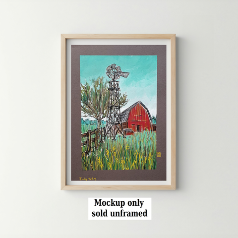 A colour landscape drawing of a farm with a red barn and a windmill. The colour palette for this artwork is mostly green and red. The artwork has a peaceful atmosphere.
An original art work
Colour pencil and mixed media on acid free toned artist paper
5 by 7 inches (12.7 by 17.8 cm). This is a standard photo Size in the UK and USA and should be easy to DIY frame.
Sold unframed