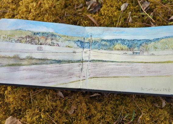An opened A6 sized sketchbook on a thick bed of moss, showing an ink pencil sketch of some fields and forest in late afternoon sun. A lonely electricity pole stands in the middle of the composition.
