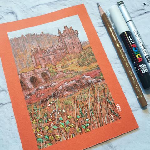 A small drawing of Eilean Donan Castle in the highlands of Scotland. The drawing is on orange pastel paper.
Eilean Donan is a stunning castle in the Scottish highlands, surrounded by majestic scenery. A Scottish icon and certainly one of the most popular visitor attractions in the Highlands.
An original art work
Colour pencil and mixed media on acid free toned artist paper
5 by 7 inches (12.7 by 17.8 cm).
Sold unframed