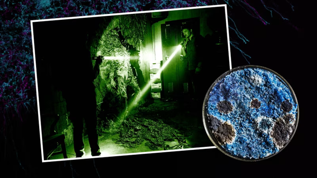 Graphic, people with torches in a mine and a Petri dish With something, presumably a mould, growing on it. A still from the TV series ‘The last Of us’