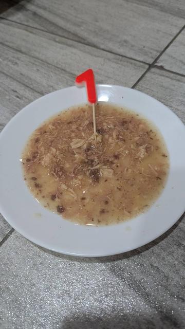 Candle in shape of 1 in cat's wet food.