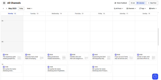 A calendar view of the web interface for the Buffer scheduling system, showing assorted planned posts throughout the week.
