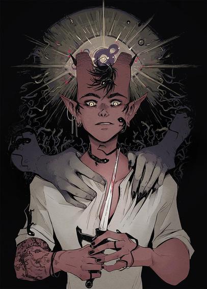 Comic Illustration of a red tattooed tiefling, holding a dagger with some blood, pointing upwards - he looks down to it - eary vibe. Two dark hands are resting on his shoulders, lizards are crawling around and about him. A big glowing eye hovers behind his head. Colors are desatured and moody.