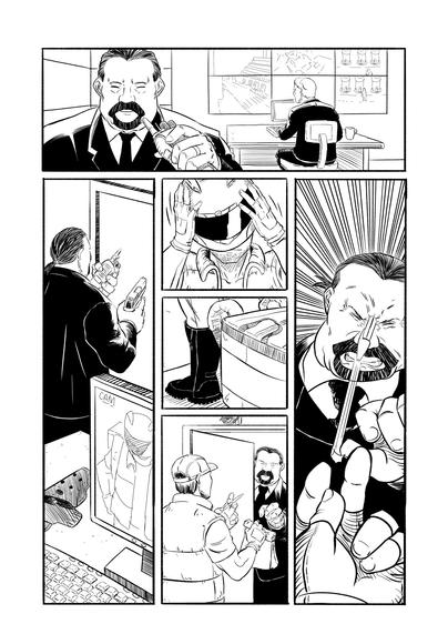 Painel 1 - Em primeiro plano um homem gordo de cavanhaque e cabelos amarrados num rabinho de cavalo fala em um walkie talkie. Ao fundo um outro homem, de terno igual ao outro, olha diversos monitores que estão captando imagens diversas de câmeras do lado de fora do local.

Painel 2 - O homem do rabo de cavalo, de arma em punho e falando no walkie talkie se dirige até a porta.

Painel 3 - do lado de fora um homem usando uma jaqueta igual colete de entregador, tira seu capacete.

Painel 4 - Ele deixa cair a bolsa de entregas e vemos suas botas.

Painel 5 - ele está entregando um pacote para o homem do rabo de cavalo, que abriu a porta, o entregador está com uma caneta na mão esquerda, mirando na direção do homem de rabo de cavalo.

Painel 6 - A caneta é arremessada e fica cravada entre os dois olhos do homem de rabo de cavalo, que faz uma expressão de dor.