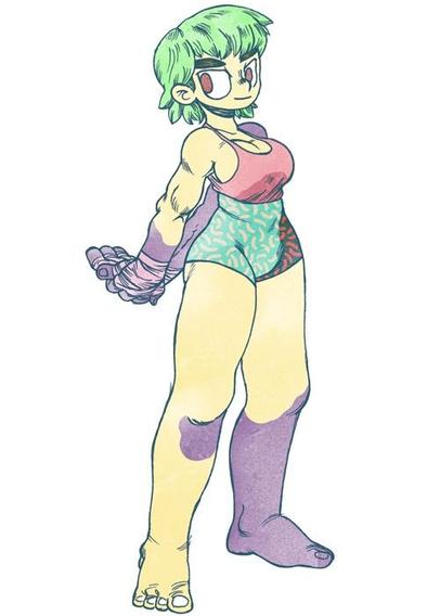 Dibujo de una mujer con fuertes brazos, vendajes en las manos estirando las manos para atrás y pies descalzos en colores apagados. El estilo es parecido al anime