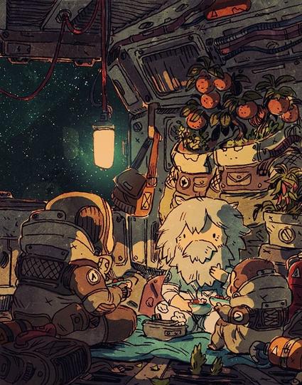 Dibujo en acuarela de un hombre con bigote hablando con un astronauta y un mono en una nave espacial con naranjas en el fondo
