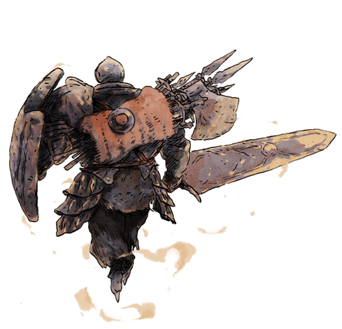 Dibujo en acuarela de un caballero con armadura de espaldas caminando con una gran espada en una mano y una bolsa llena de armas a cuestas
