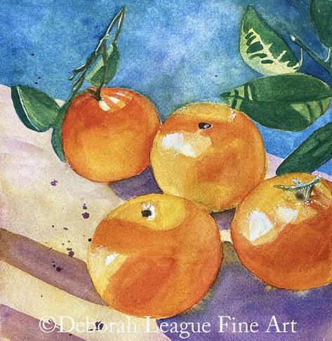 Four ripe oranges are depicted with vivid colors, surrounded by green leaves and set against a softly shaded background. The playful use of light and shadow highlights the fruits' natural sheen and vibrant hues.