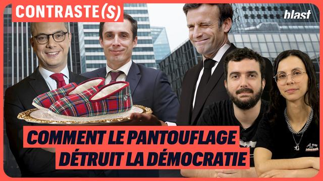 Contraste(s): comment le pantouflage détruit la démocratie. Ost et Modiie en bas de la miniature, Djebarri, Kohler et Macron avec des pantoufles