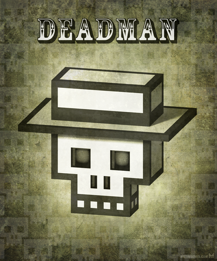 Minimalistic voxel design of a skull wearing a hat, inside a poster or cover design, with "Deadman" as the title.