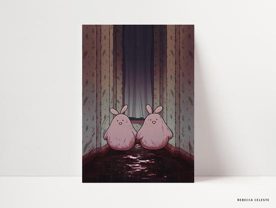 Artprint of two birds in a hallway. They are standing there like the twins from The Shining.