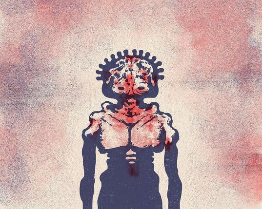 Illustration of an eerie extraterrestrial being, in a risography style