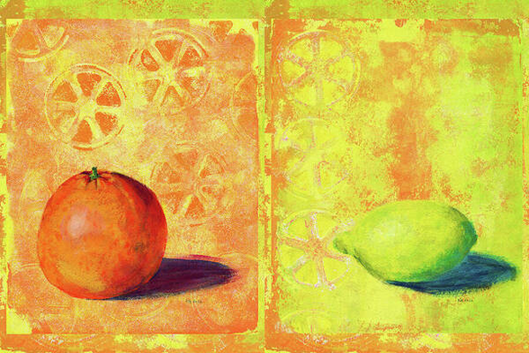Fresh and juicy is a hand-painted acrylic painting by artist Karen Kaspar in landscape format.
The painting is a combination of two individual paintings "Dreams of Orange Juice" and "Dreams of Lemonade" set against a textured citrus background.
A single fresh juicy orange and a single fresh juicy lemon are dreaming of becoming delicious lemonade. The orange and lemon are realistically painted in fresh, bright orange, yellow and green. The background in yellow and orange tones is abstract and you can recognise the orange and lemon slices. The playful use of colour and the repetition of citrus cross-sections make for a lively and refreshing visual experience - a summer painting full of light, energy and bright fresh colours.