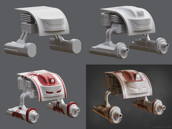 Four creation stages of a 3D sci-fi war drone concept model.