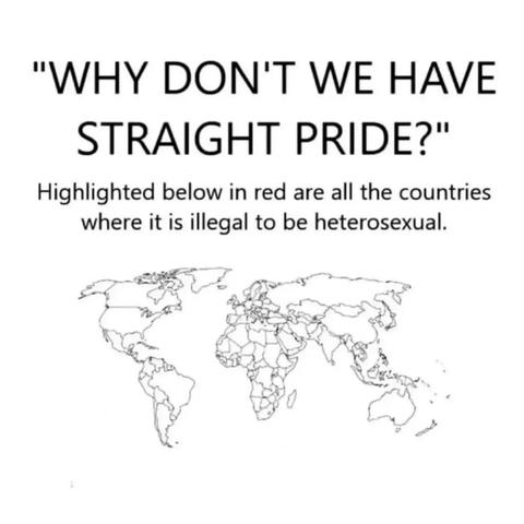 "Why don't we have straight Pride?"
Highlighted below in red are all the countries where it is illegal to be heterosexual
 [Map of Earth. None of the countries are highlighted.]