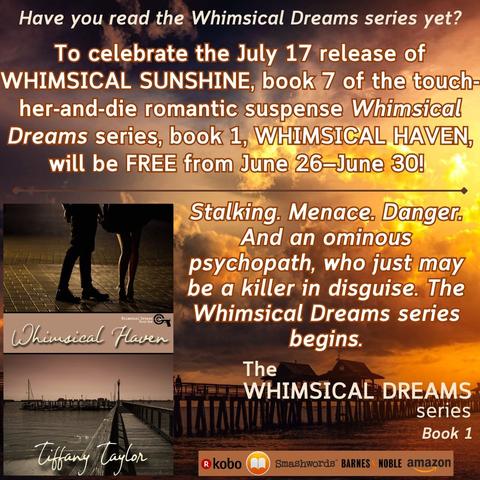 The book cover of Whimsical Haven by Tiffany E. Taylor on a background of a pier extending out over the water under an ominous stormy sky, the free book offer information and dates, the book tagline, and the purchase location icons.