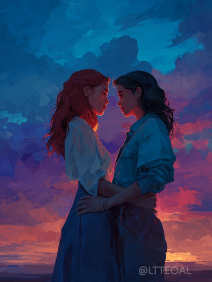 Two women stand close together, gazing into each others eyes, with colorful sunset clouds behind them. They hold each other gently, surrounded by warm and cool hues blending in the sky.