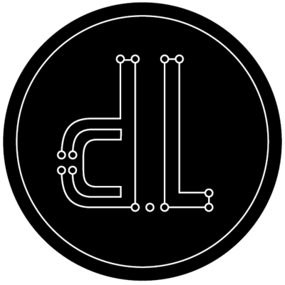 A stylised d, ., and l, in white, on a black background. They look a bit like a circuit board A stylised d, ., and l, in white, on a black background. They look a bit like a circuit board