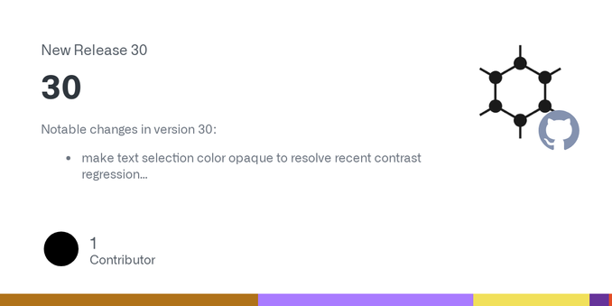 Notable changes in version 30:

make text selection color opaque to resolve recent contrast regression
update Android Gradle plugin to 8.9.2
update npm dependencies

A full list of changes from the...