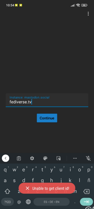 Error message in Fedilab saying "unable to get client ID" when trying to log in into a Peertube instance 