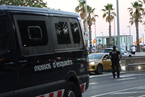 Entre los huecos de las furgonetas de los Mossos d'Esquadra, que impiden avanzar a la concentración antifascista, se ven varias banderas de España entre las palmeras de la playa, que es donde se estaba haciendo el acto de Vox con Santiago Abascal