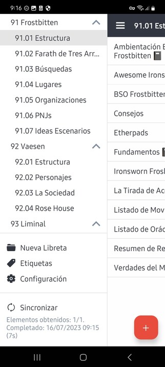 Captura de pantalla de la aplicación de notas Joplin donde se ven varias libretas utilizadas para organizar una partida de rol.