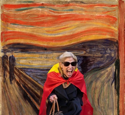 Señora motivada con puto-defender españa como protagonista de El Grito de Munch.