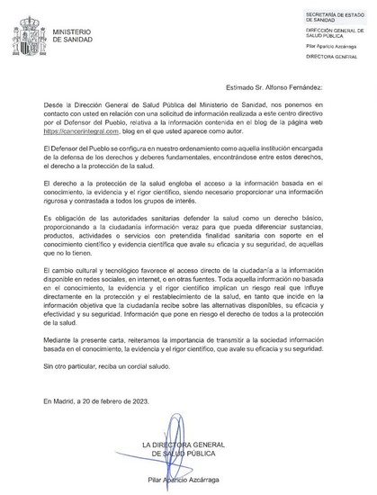 Carta del defensor del pueblo a Alfonso Fernández, conocido como Cáncer Integral, diciéndole que la única medicina válida es la basada en evidencia y que él debería dejar de vender pseudociencia a enfermos.