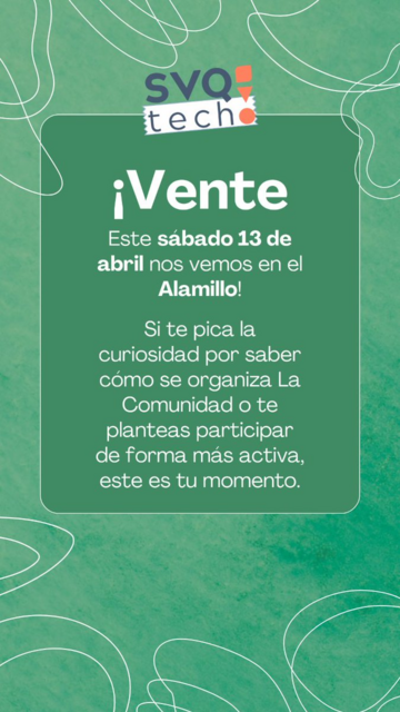 ¡Vente este sábado 13 de abril nos vemos en el Alamillo!

Si te pica la curiosidad por saber cómo se organiza La Comunidad o te planteas participar de forma más activa, este es tu momento.