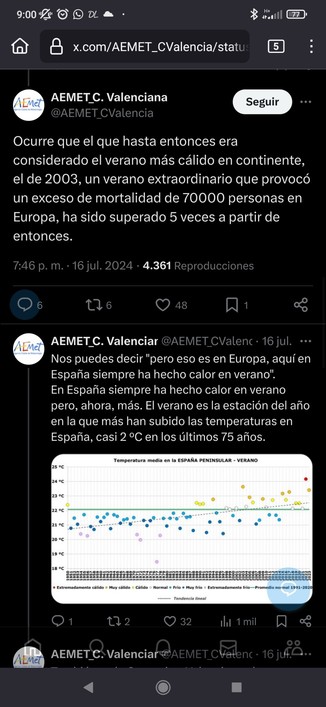 Ocurre que el que hasta entonces era considerado el verano más cálido en continente, el de 2003, un verano extraordinario que provocó un exceso de mortalidad de 70000 personas en Europa, ha sido superado 5 veces a partir de entonces.

Nos puedes decir "pero eso es en Europa, aquí en España siempre ha hecho calor en verano". En España siempre ha hecho calor en verano pero, ahora, más. El verano es la estación del año en la que más han subido las temperaturas en España, casi 2 °C en los últimos 75 años.