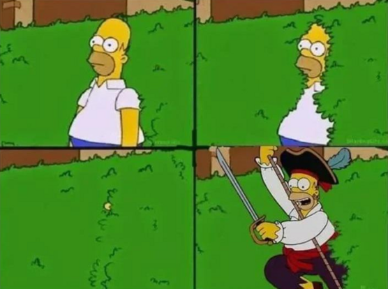 meme de cuatro paneles de Homer Simpson caminando hacia atrás, desaparecviendo entre unos arbustos altos y luego reapareciendo transformado en pirata.