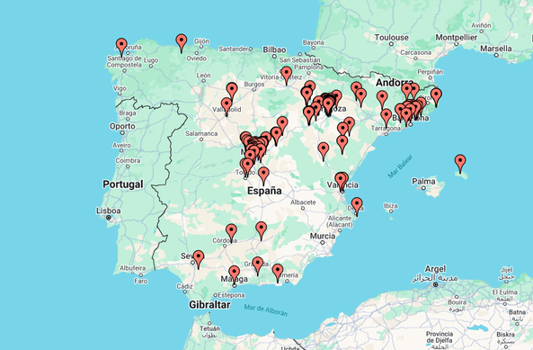 Mapa de comercios de Zerca. Básicamente hay comercios de todas las comunidades autónomas menos Euskadi, Extremadura y Canarias.