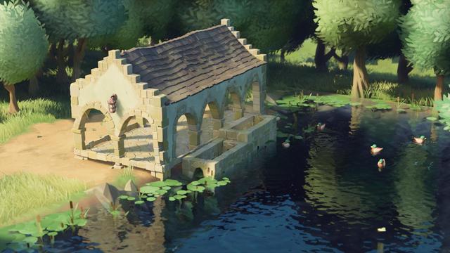 El lavadero público, un edificio de piedra con arcos por paredes y un tejado rudimentario, situado frente a un río, con dos canales de piedra a los lados por donde pasa la corriente y en los que la gente lava la ropa. En el rio nadan algunos patos. Cuac cuac.