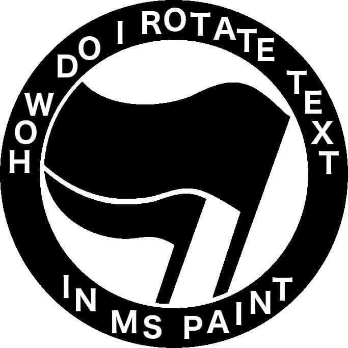 Bandera antifa con el texto todo torcido y dice: how do i rotate text in ms paint